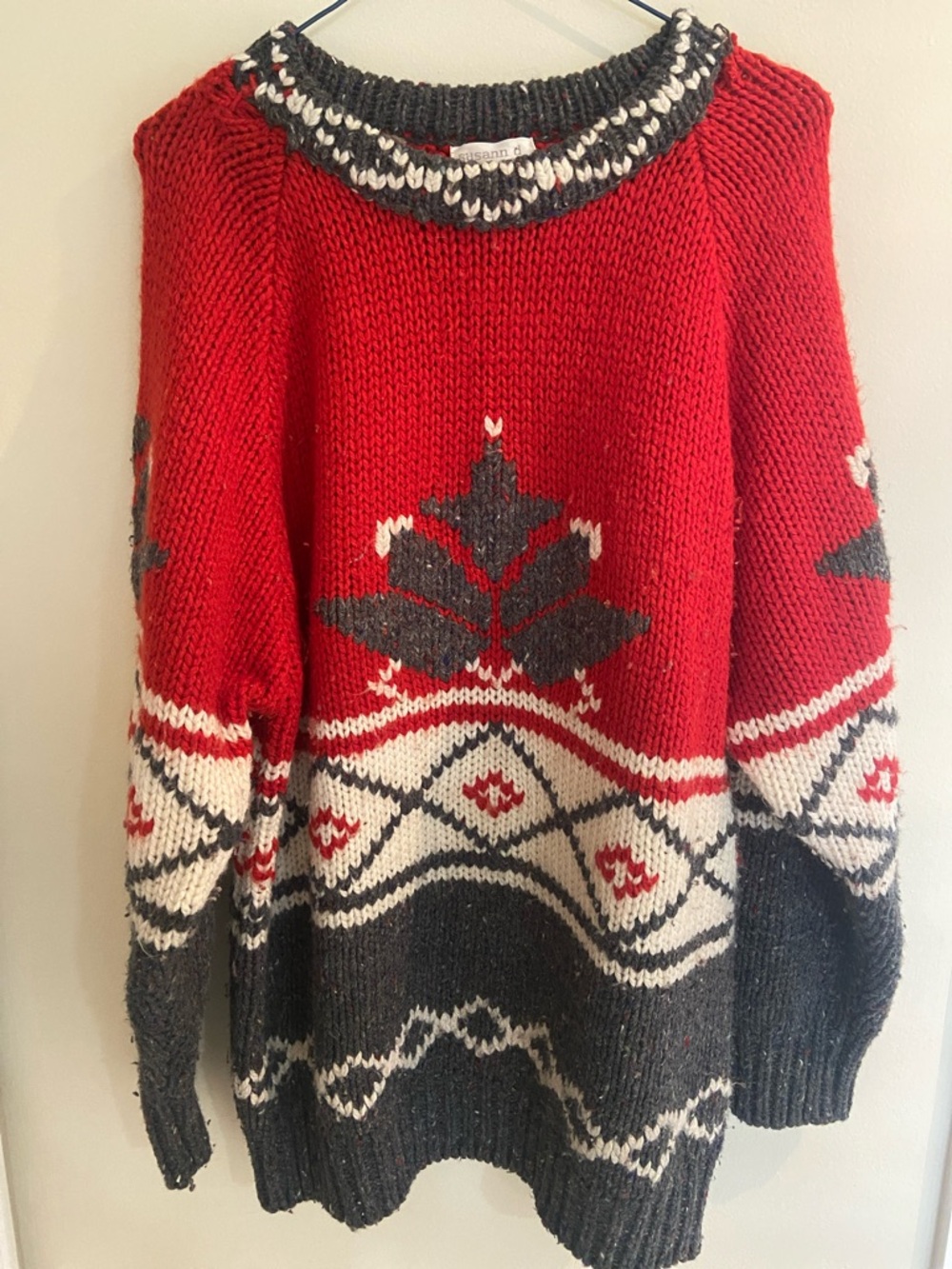 Red Nordic Crewneck Sweater with Charcoal & Cream Accents